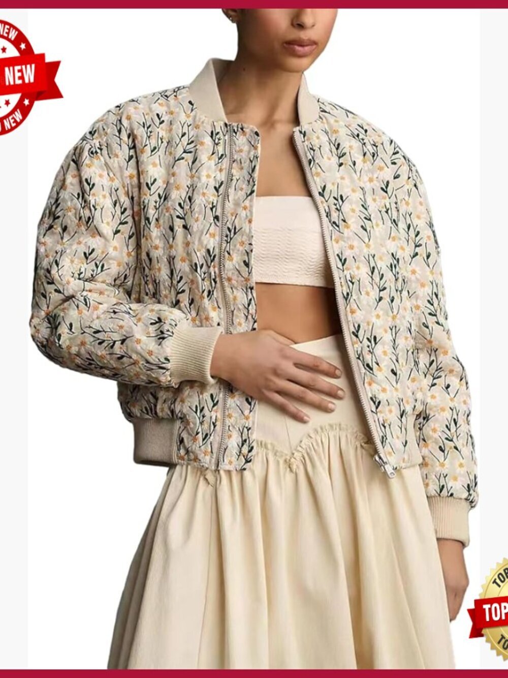 Women's Embroidered Daisy Cropped Bomber Jacket Quilted Puffer Coat